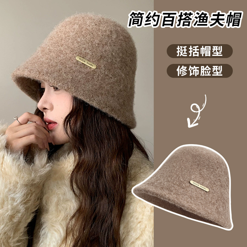 韩版水桶帽子女款秋冬季轻奢风百搭盆帽防风保暖护耳羊毛呢渔夫帽