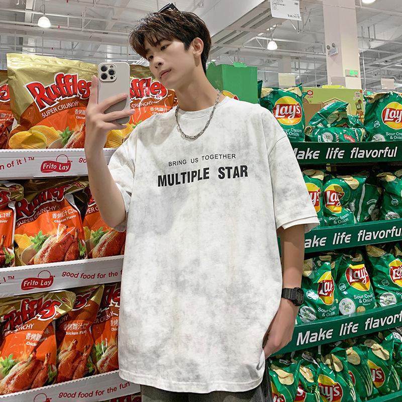 American short-sleeved T-shirt for men in summer 2025, a new trendy brand with tie-dye design, casual round neck and versatile five-quarter sleeves details Picture