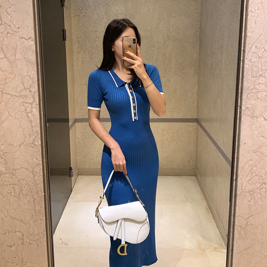 Korean-style chic retro pure charm POLO collar stretch slimming, color-blocking short-sleeved knitted body-hugging dress full figure