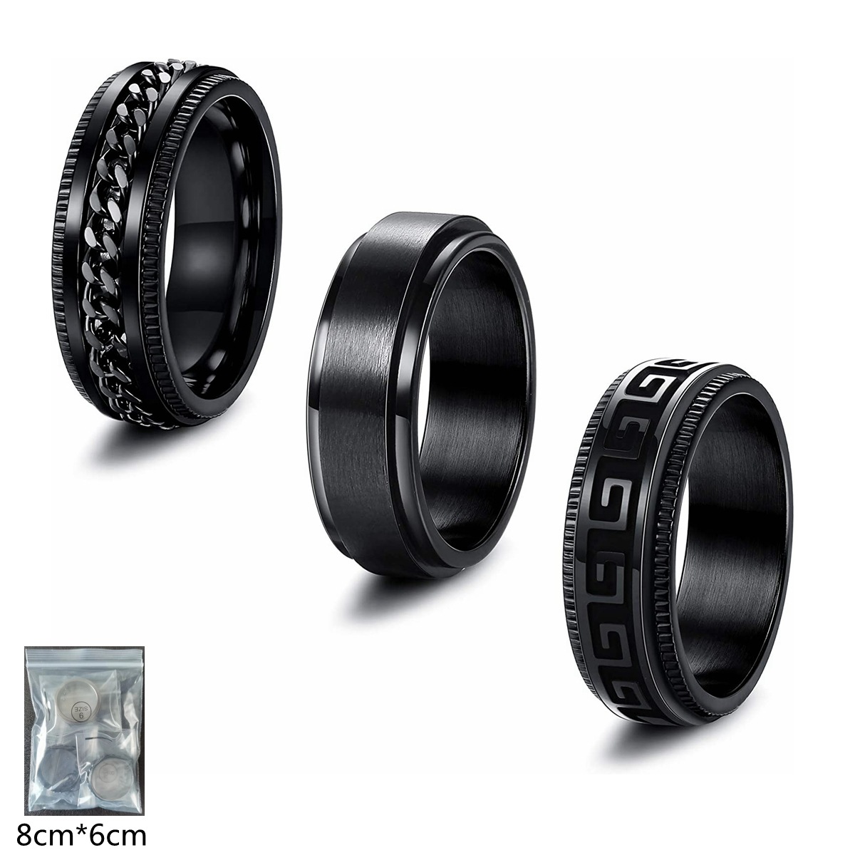 Amazon's best-selling men's titanium steel ring, black electroplated three-piece set, rotating ring, rotating stress-relieving accessory