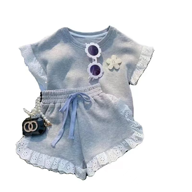 Chica vestido de verano bebé versión coreana casual encaje encaje manga corta camiseta pantalones cortos cortos dos piezas zoe Item Picture