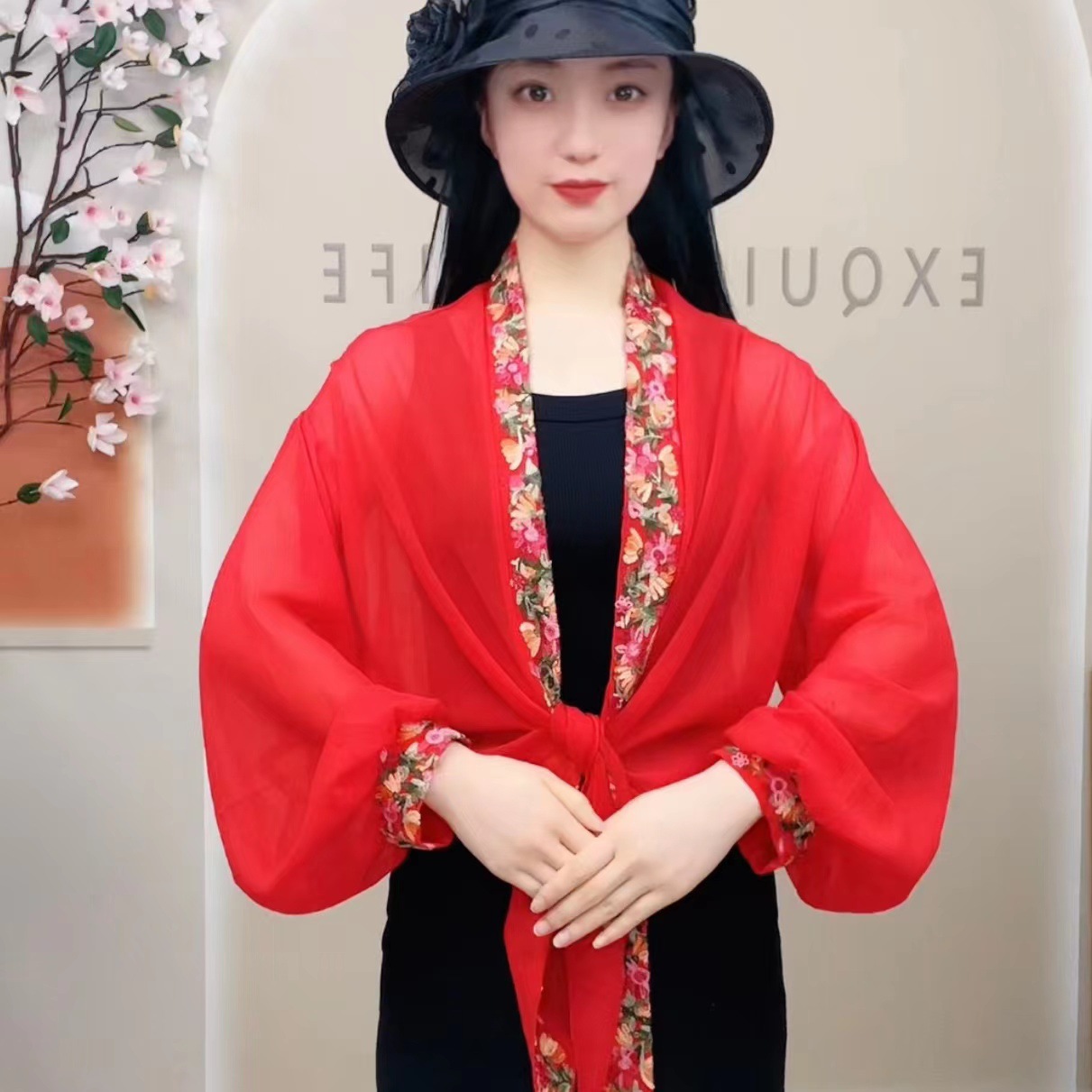 2024新款披肩夏天配裙子外搭女绣花雪纺系带防晒衣宽袖民族风开衫