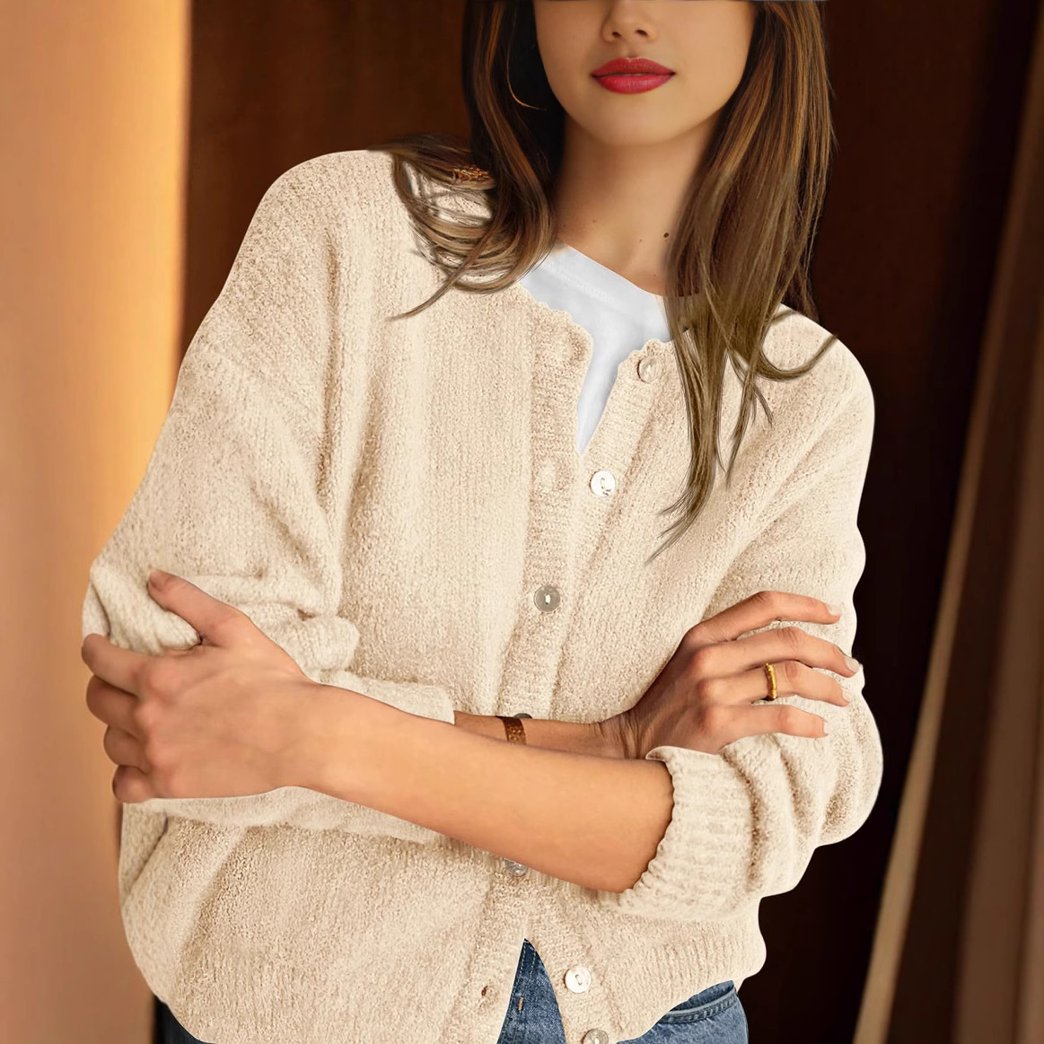 European and American cross-border 2025 autumn/winter collection long-sleeved round-neck button-down women's sweater, cardigan with cardigan opening and thick stick knit, fashionable Specification drawing