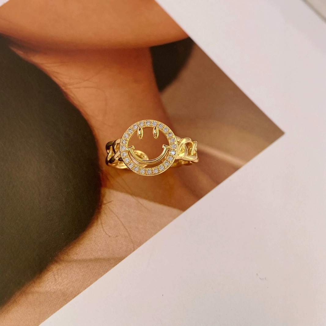Micro-set zircon ring, cute smiling face ring, adjustable opening ring, 18K gold-plated expression smiling face ring details Picture