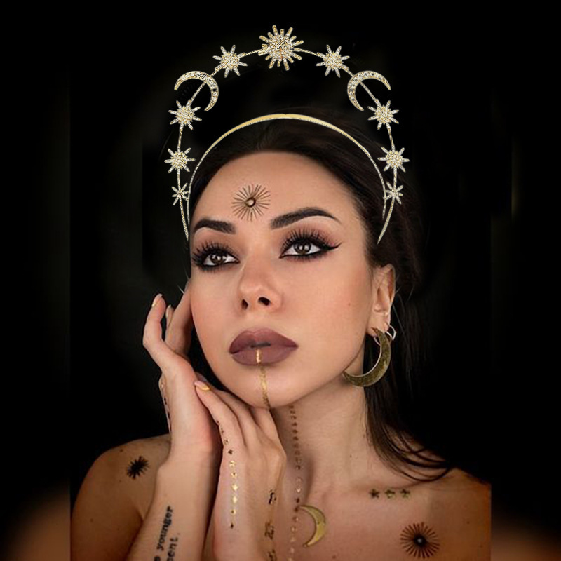European and American fashion Sun Goddess double-layer headband, hexagonal star moon alloy crystal hair band, Baroque hair accessory