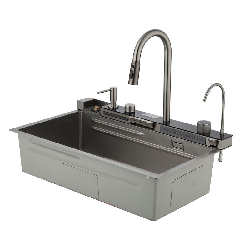 Whale Rain Waterfall Kitchen sink, Large single-slot digital display sink, single-slot Nano 304 stainless steel sink Item Picture