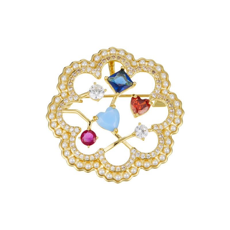 Sweet and exquisite colored gemstone hollowed-out flower brooch, copper alloy micro-inlaid zircon, light luxury and high-end dress brooch Item Picture