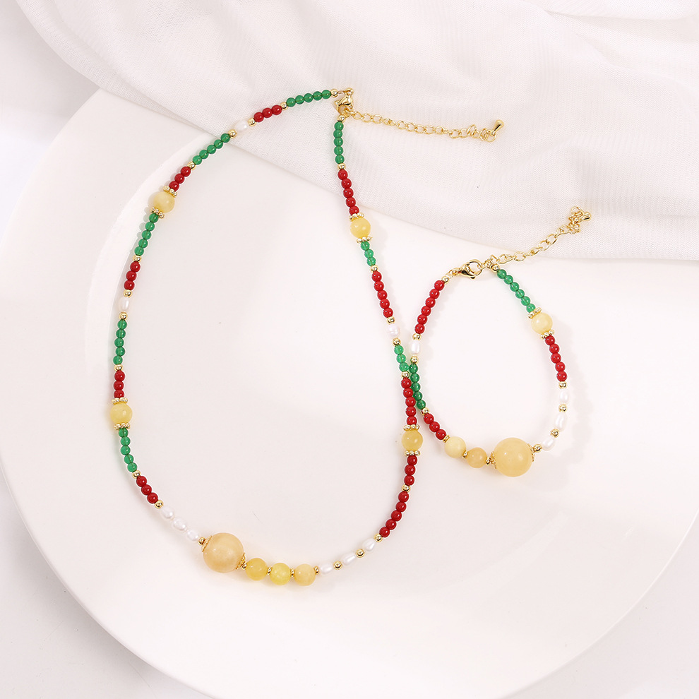 米黄玉红珊绿玉髓天然珍珠项链轻奢饰品小众百搭气质复古锁骨链