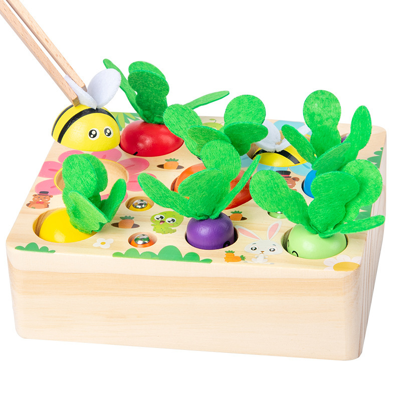 Children's radish pulling, bee picking, magnetic insect catching three-in-one parent-child interactive tabletop game, wooden toy gift Specification image