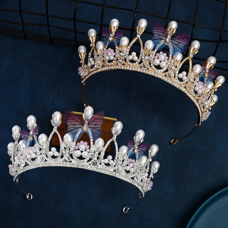 儿童王冠皇冠头饰女孩公主生日演出珍珠发饰蝴蝶水晶中国女小孩