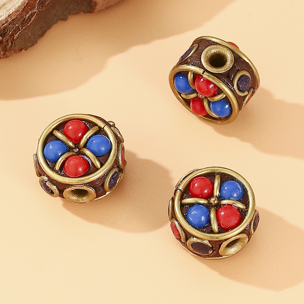 Retro Chinese-style Tibetan Nepalese copper beads inlaid with red and blue beads, bucket beads, DIY jewelry accessories, backlit clouds with partition beads details Picture