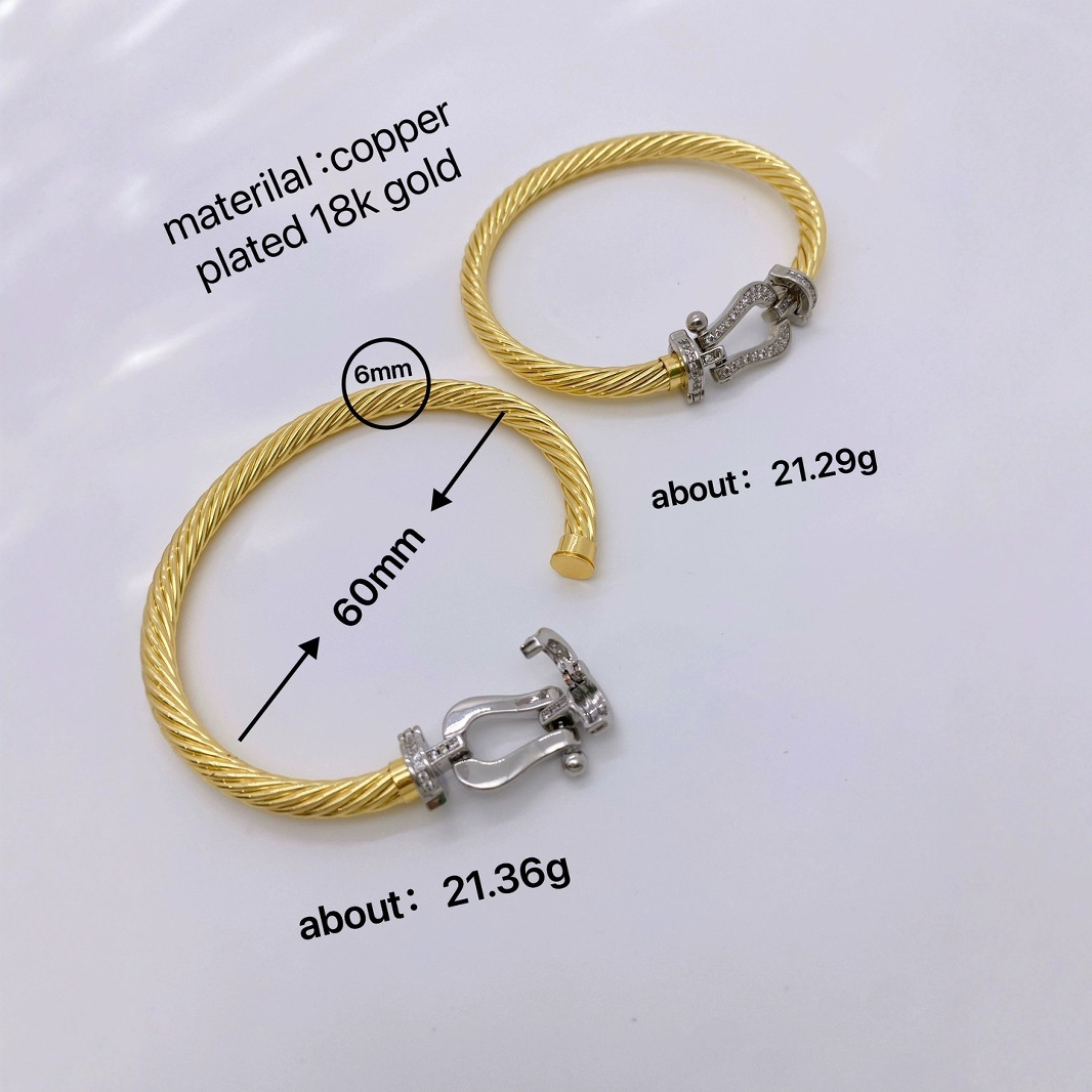 Wholesale copper jewelry: horseshoe buckle twisted steel wire bracelet, U-shaped buckle full diamond bracelet, 18K gold export version bracelet Specification drawing