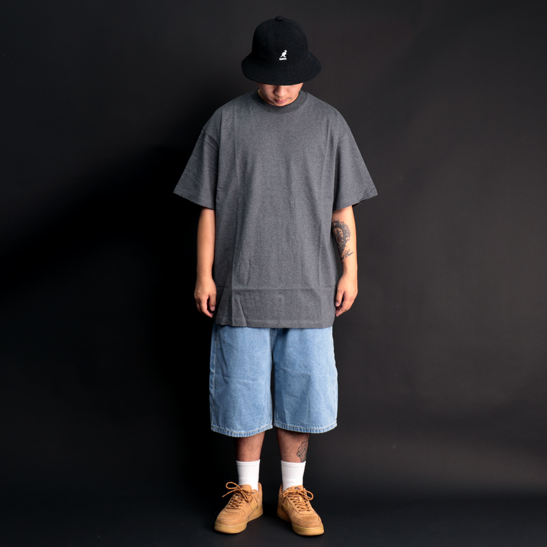 European size oversized off-the-shoulder solid color American heavyweight small collar T-shirt hip-hop pure cotton short-sleeved loose T-shirt Item Picture