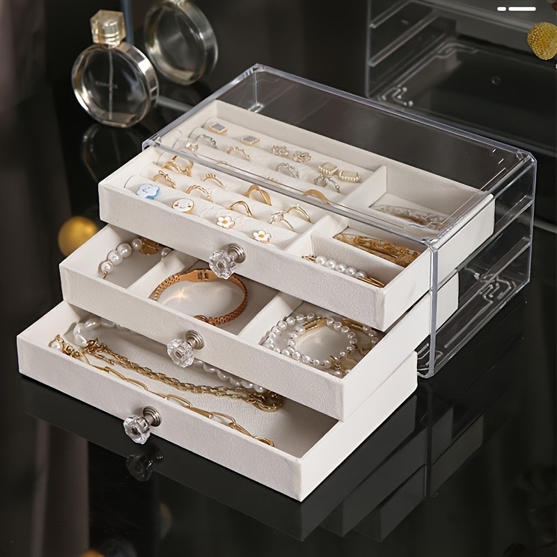 Transparent jewelry box, acrylic velvet three-layer drawer, jewelry box, earrings, necklace, anti-oxidation jewelry storage box details Picture