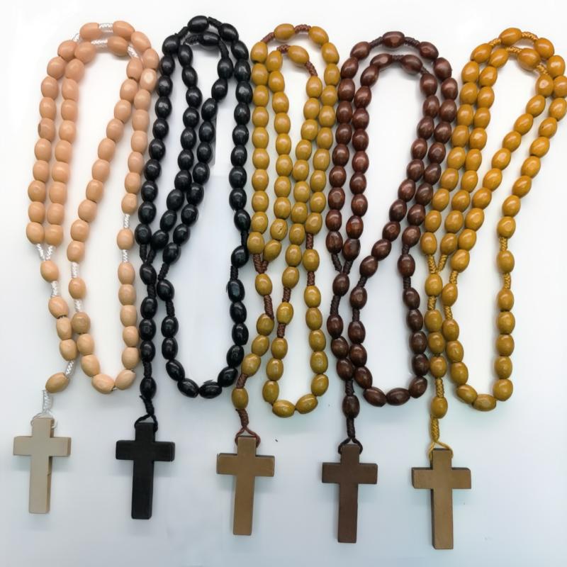 A set of 5 pieces of 8*10mm rice-shaped wooden prayer bead necklaces, hand-woven vintage rope accessories, cross-border supply