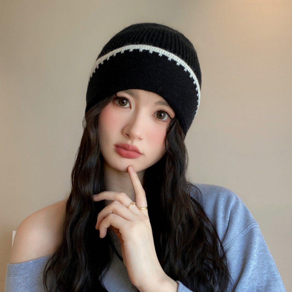 秋冬季网红同款韩版拼色毛线帽秋冬保暖ins风时尚软糯针织帽黑色细节图