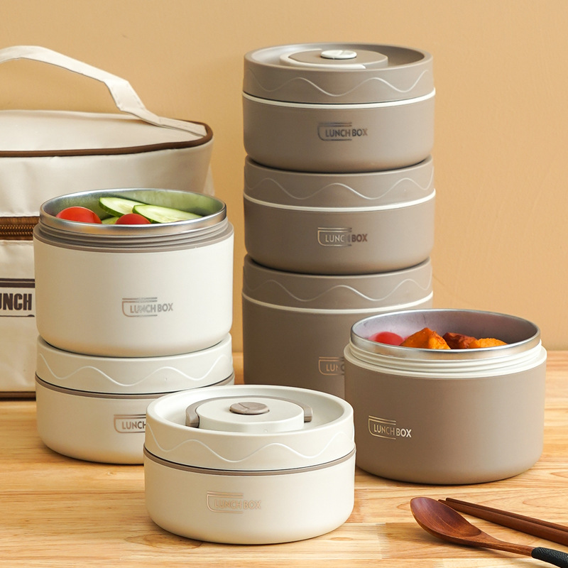 Cross-border best-selling 304 stainless steel insulated lunch box, round student portable lunch box, microwave-safe double-layer bento box details Picture