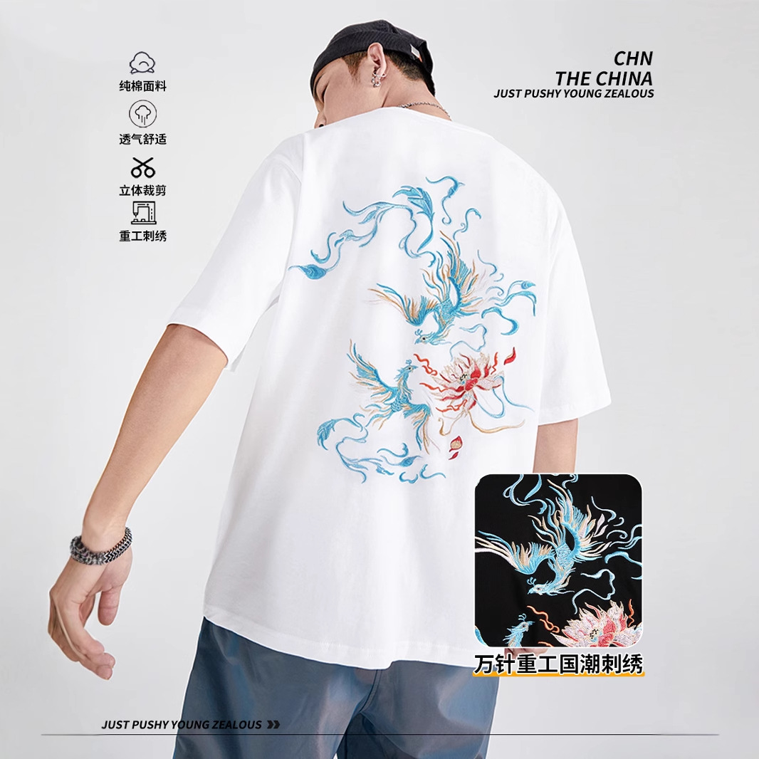 Chinese trend short-sleeved T-shirt for men in summer, loose and large-sized, with phoenix pattern embroidered half-sleeve, moisture-wicking and sweat-wicking