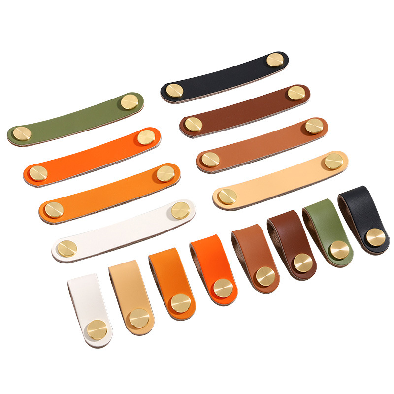 跨境彩色黄铜皮拉手橱衣柜门皮拉手扣子皮革料收纳盒把手厂家直销白底实物图