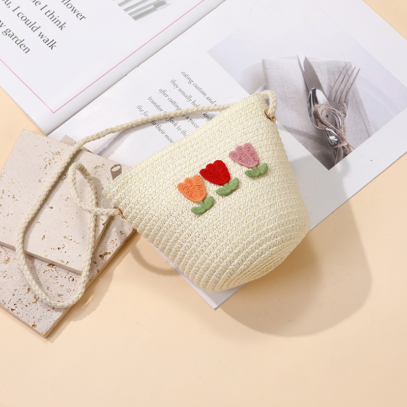 La espalda de verano del mar tejido niños bolsa mujer versátil cute niña tulipán hierba tejido bolsa vacaciones viento Specification image