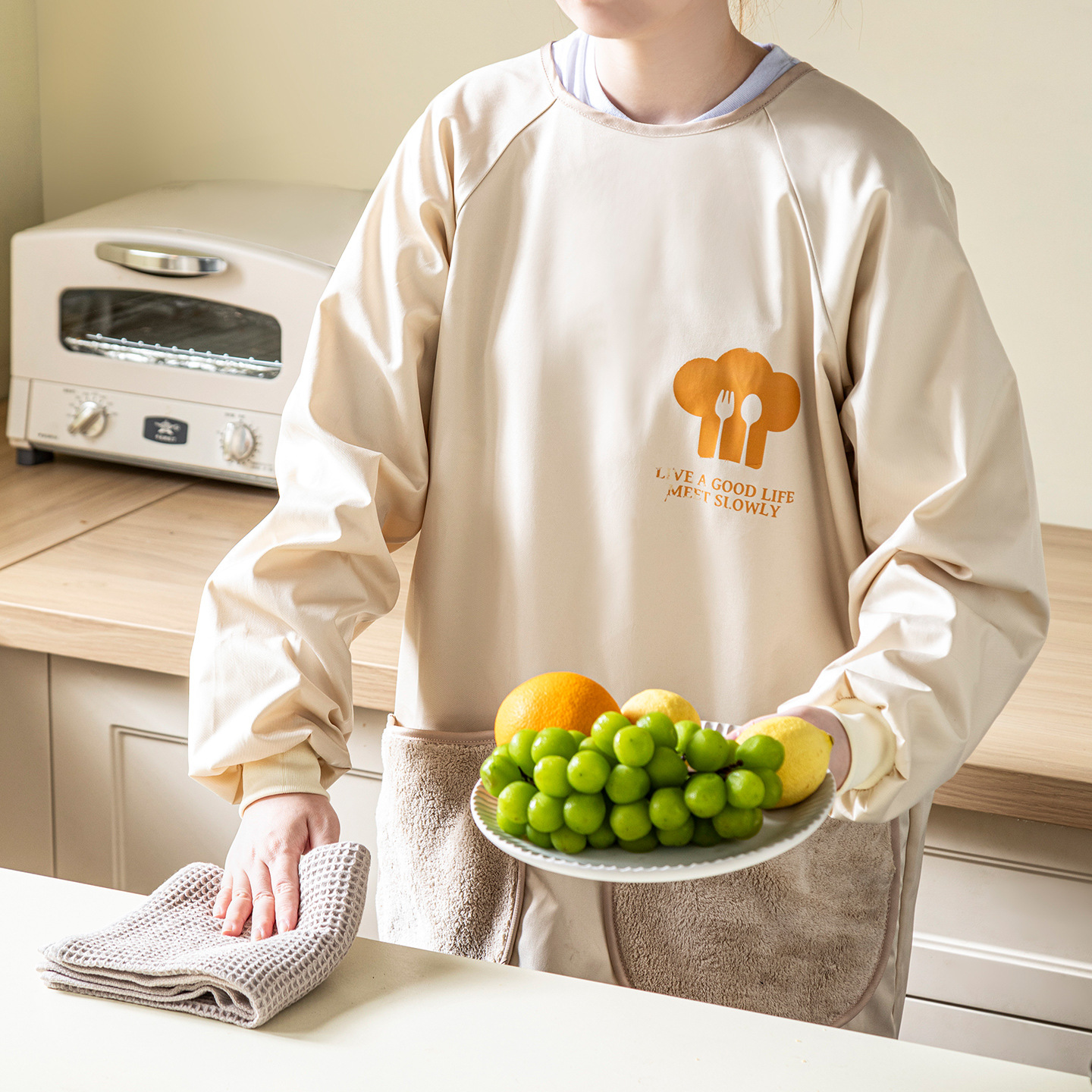 新款厨房家用防水可防油可擦手个性长袖袖罩衣围裙上班围腰工作服产品图