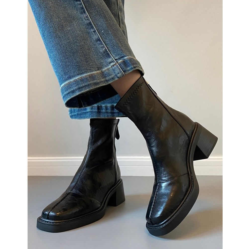 真皮方头后拉链马丁靴女2025新款春秋复古通勤粗跟瘦瘦靴高跟短靴