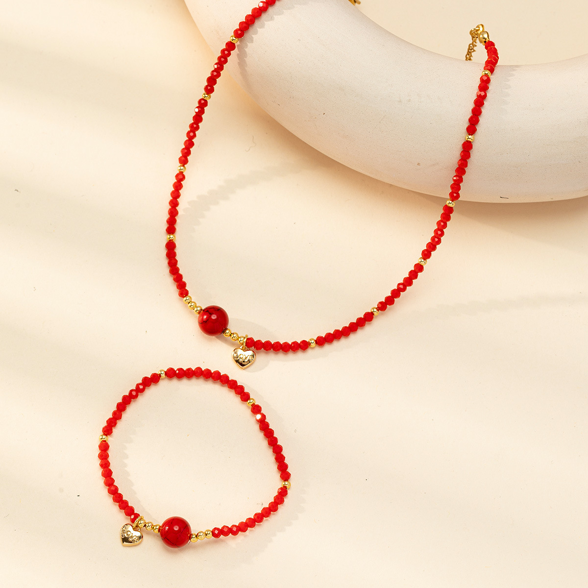 Factory direct sales of fashionable crystal agate stone heart necklace bracelet, women's retro style collarbone chain set jewelry Specification image