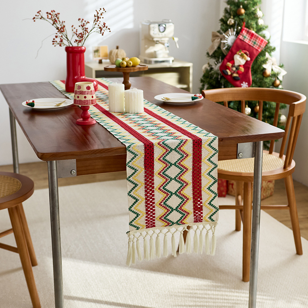 圣诞节桌旗编织流苏几何图案电视柜茶几桌垫节日氛围感装饰餐桌布产品图