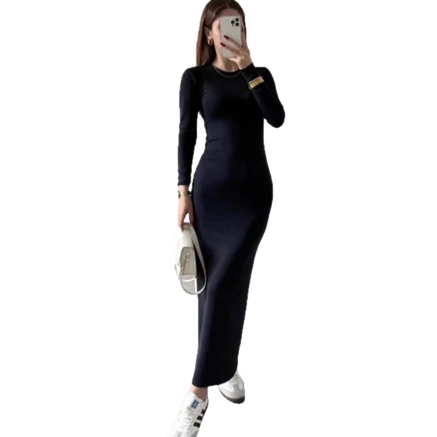 ins cross-border foreign trade European and American finger buckle solid color round neck long-sleeved dress, figure-hugging and slimming long dress, trendy for women Item Picture