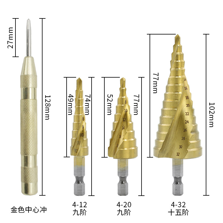 Pagoda step drill, spiral step drill, hexagonal handle, bagged, 4PC4241 material hexagonal step drill punch details Picture