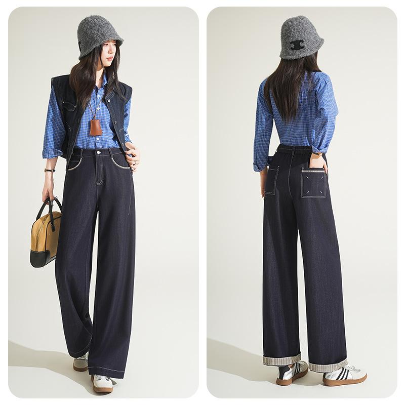 Feng and LAN diagonal striped straight-leg jeans for women's autumn and winter new style, design sense long pants wholesale Specification image