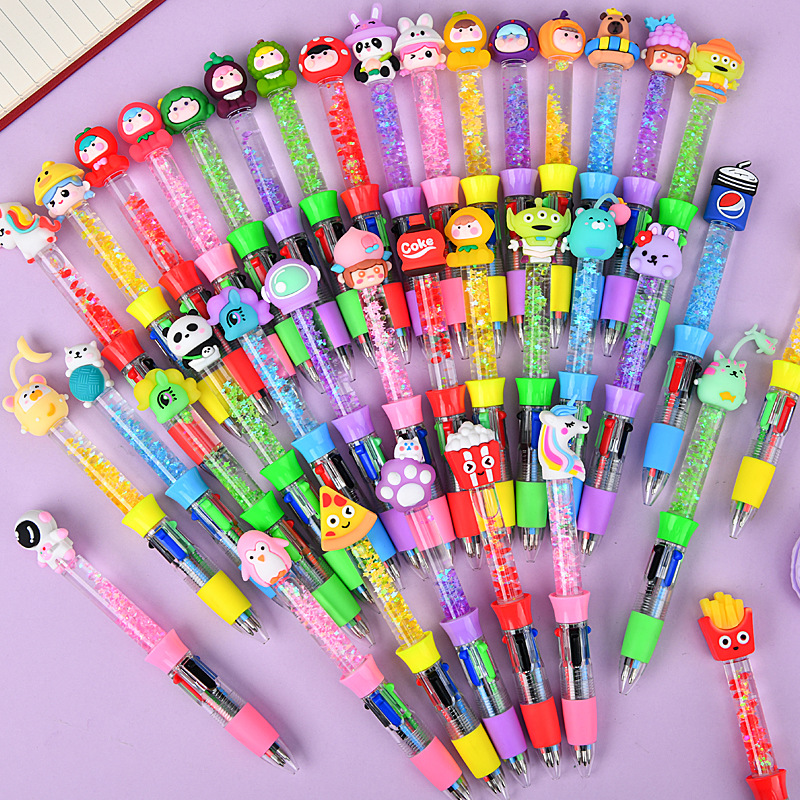 Cartoon flowing sand small four-color pen student stationery, cute and creative multi-color ballpoint pen, colorful press pen student supplies