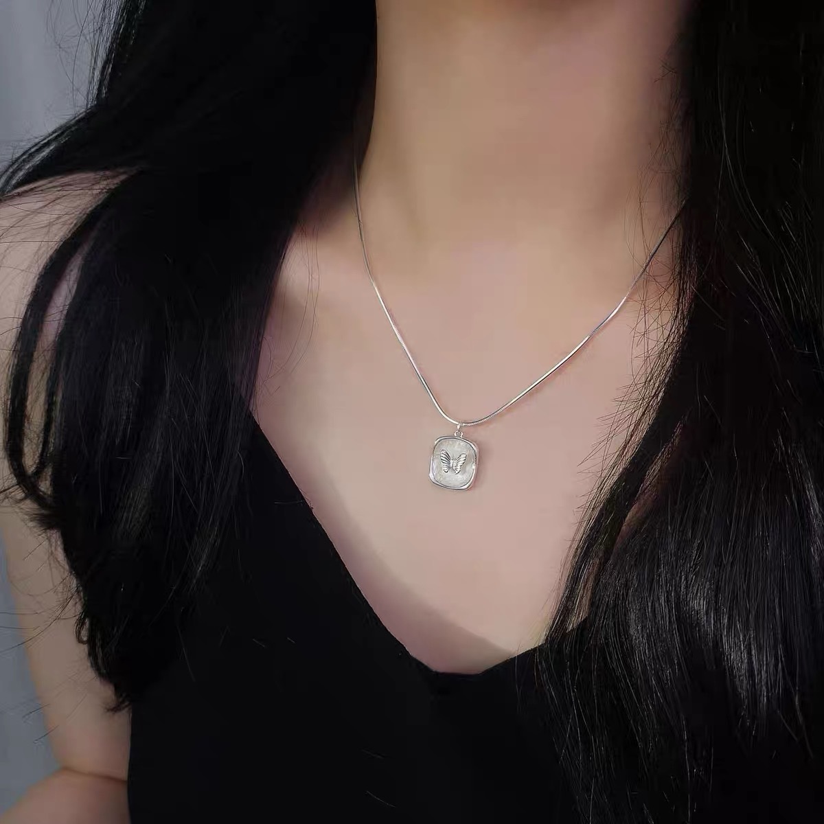 s925 sterling silver square oil painting resin necklace for women, Korean version butterfly snake bone sweater chain, exquisite and high-end details Picture