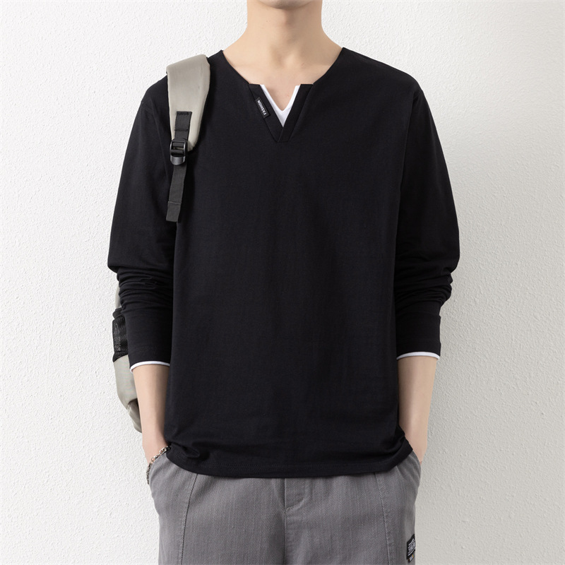 Two V-neck long-sleeved T-shirts for men, a thin spring and autumn top, pure cotton outerwear, a long Johns, a sweatshirt, and a casual base layer details Picture