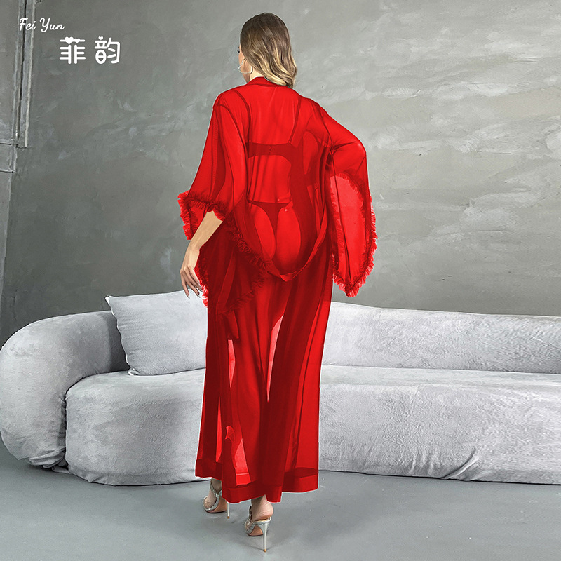 Cross-border European and American sexy mesh long bathrobe, loose and buttoned cuffs, sexy see-through pajamas, women's home wear 827 Specification drawing