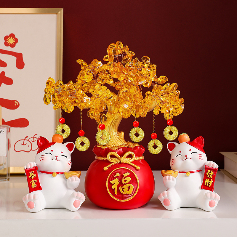 发财树办公室招财摆件招财猫流沙画玄关装饰品乔迁开业礼物高级感