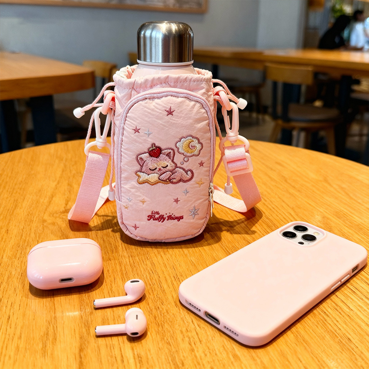 2025 New Love Cartoon Water Cup Storage Bag for Students and Girls, portable external hanging canvas cup sleeve Specification image