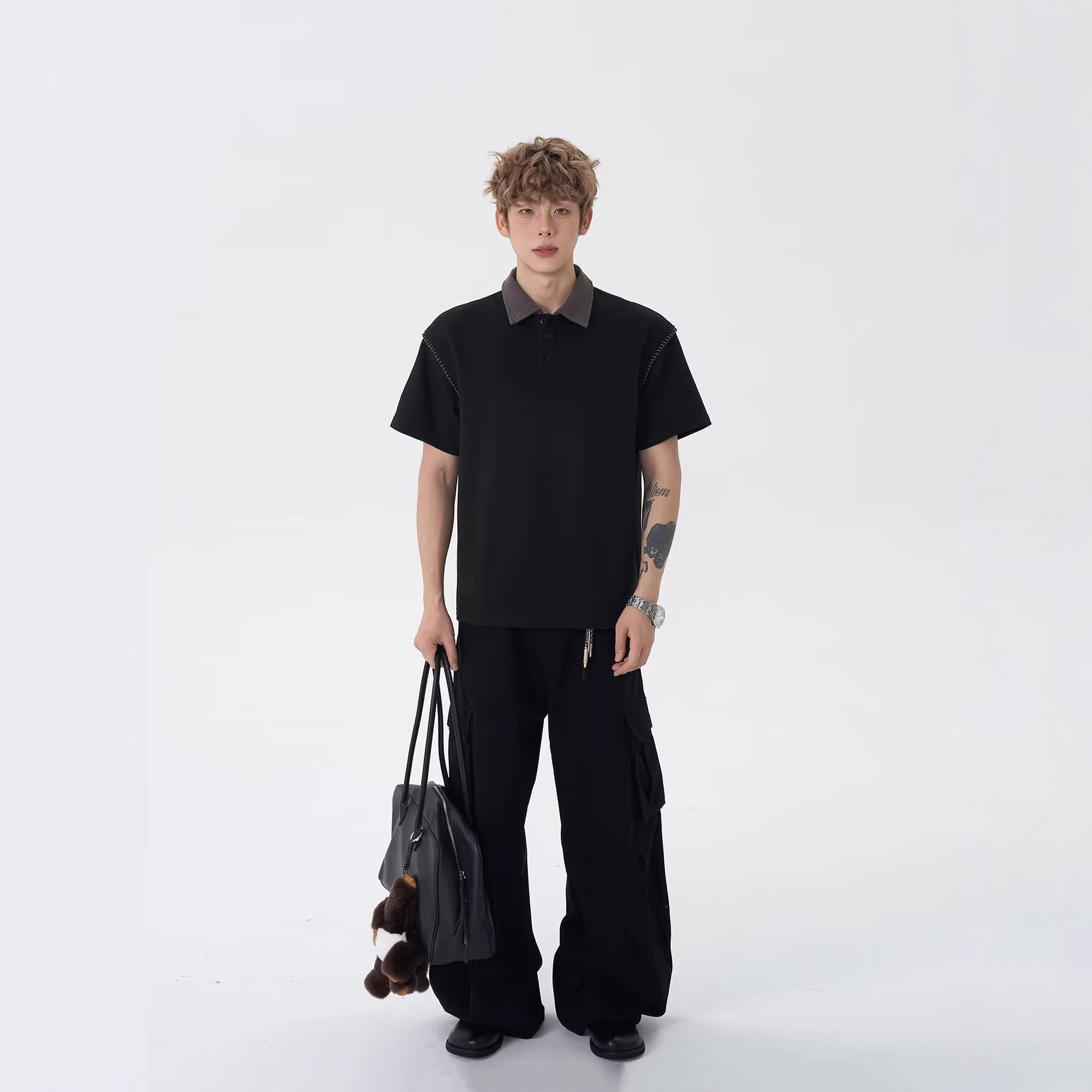 Spring loose patchwork, versatile design, casual and niche T-shirt top, American high-end short-sleeved POLO shirt for men Application Scenario