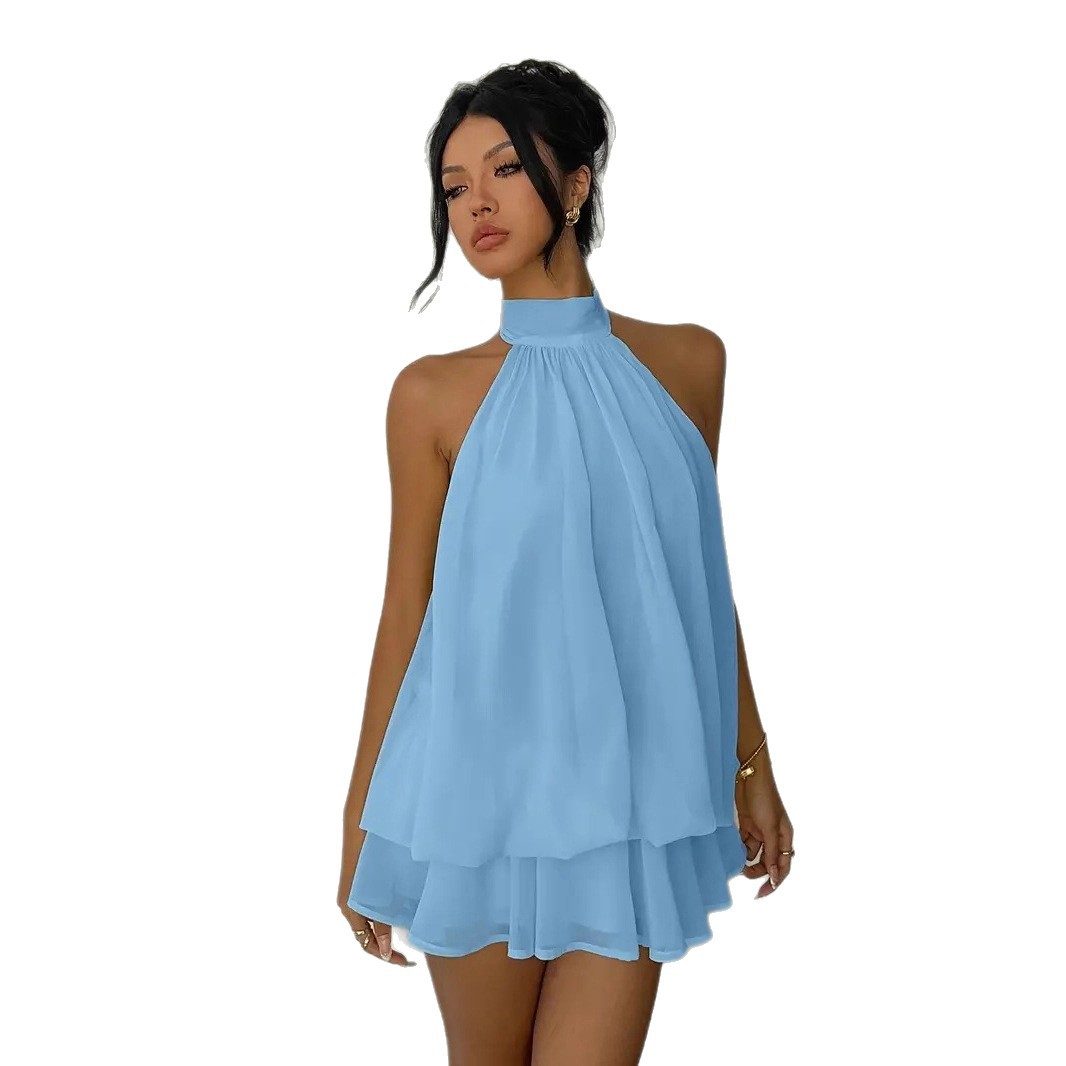 European and American cross-border women's clothing vacation, slimming, sexy, backless, halter, tie, cinched-waist top, puffy short skirt dress Item Picture