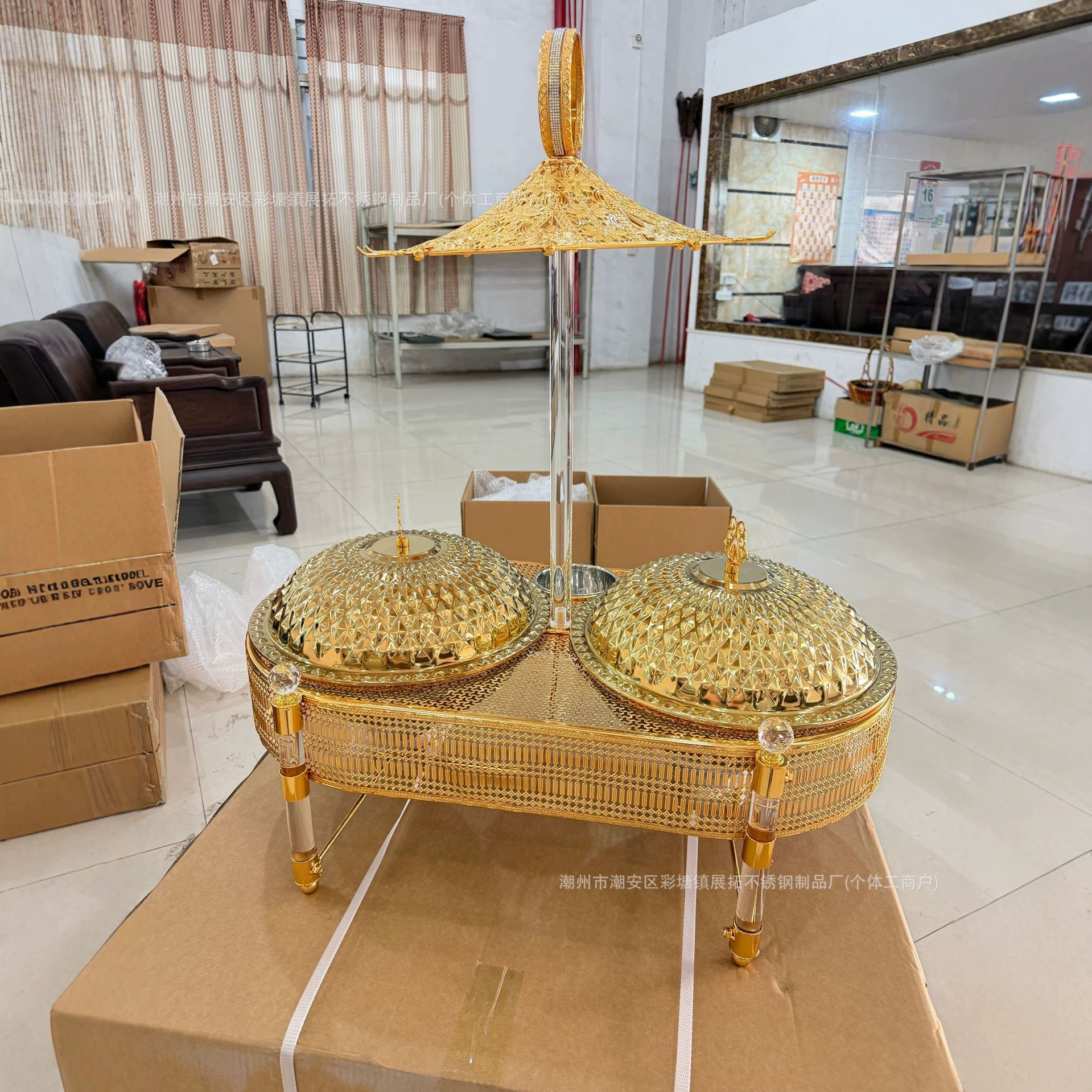 Cross-border new exquisite stainless steel golden buffet large capacity insulated dining stove Chafing Dish Specification drawing
