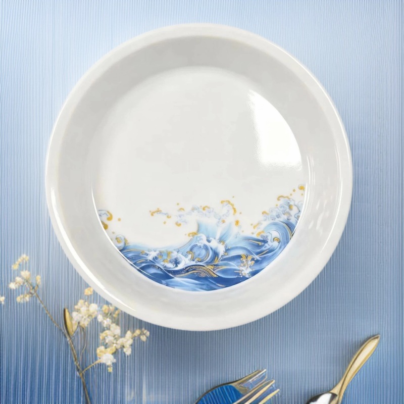 仿瓷圆盘密胺盘子白色金海浪菜盘自助餐火锅餐具商用塑料盘子碟子