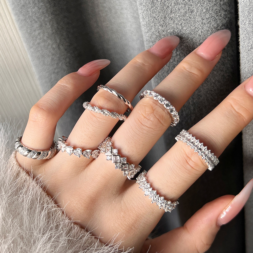 欧美跨境S925纯银戒指女菱形排钻高级感爱心梯形锆石时尚百搭批发产品图