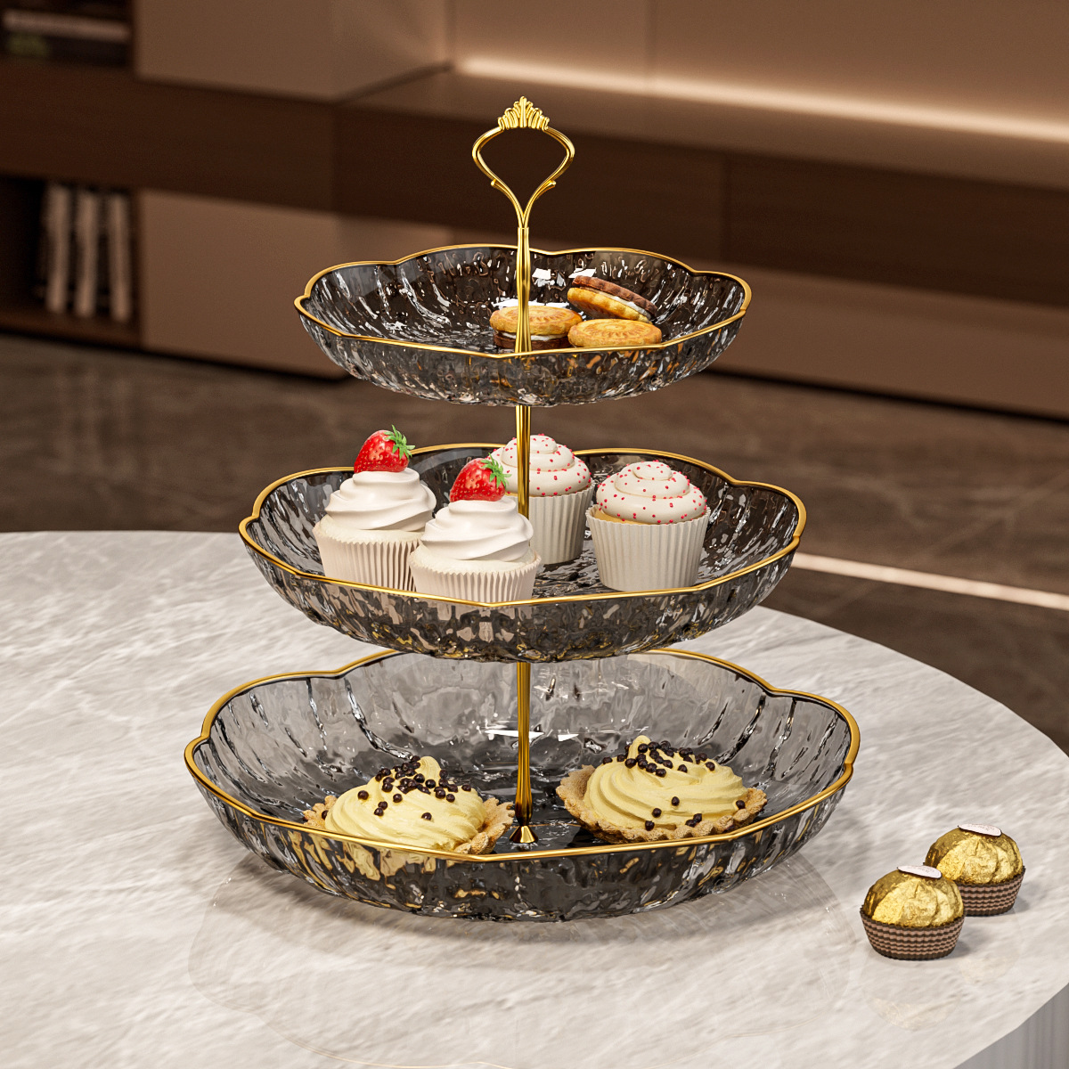 玻璃果盘/塑料盘子/镂空金属水果篮/年货/欧式轻奢水晶果盘细节图