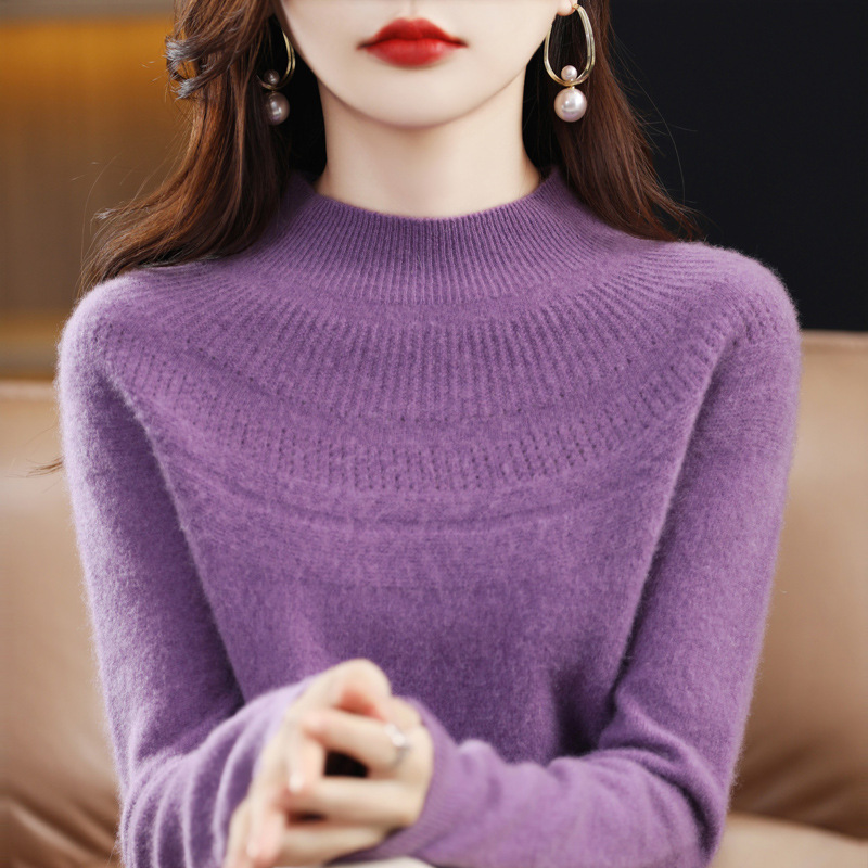 New autumn and winter collection of 100 cashmere sweaters, women's semi-high neck one-piece ready-to-wear pullover knitted long-sleeved cashmere sweater base layer details Picture
