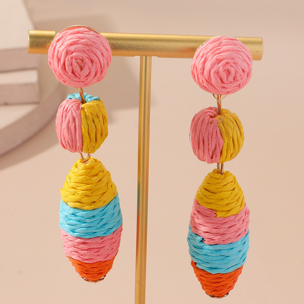 欧美时尚度假风拉菲草绕线圆球波西米亚手工编织圆形耳坠轻奢