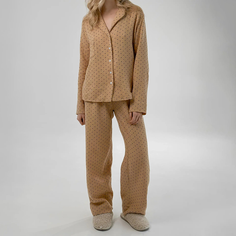 Cross-border pure cotton polka dot long pants pajamas set, European and American 2025 autumn new cardigan pajamas casual home wear for women Application Scenario