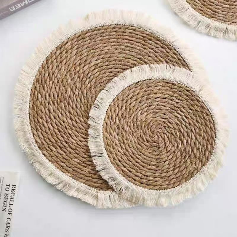 亚马逊流苏边草编餐垫隔热砂锅垫蒲草编织混编餐桌盘垫子隔热加厚