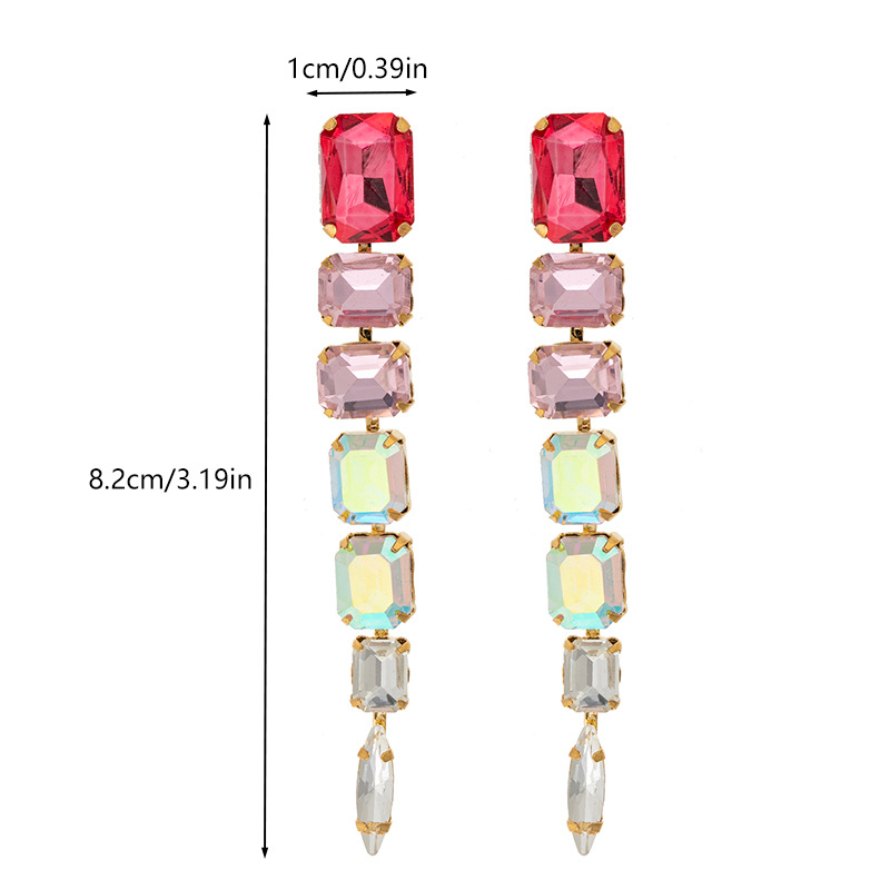Cross-border European and American style exaggerated and trendy color diamond traceable earrings simple and exquisite high-end banquet dress accessories rhinestone earrings, long women's style elegant Item Picture