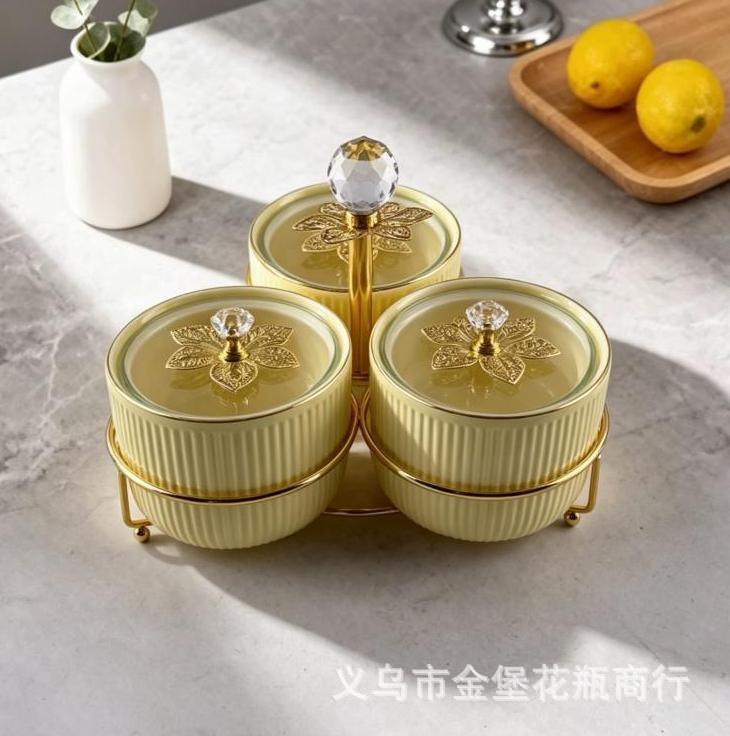 Light luxury golden-edge ceramic dried fruit box, three or four compartments with LIDS, snack storage box, living room coffee table, nuts and candies compartments Specification image