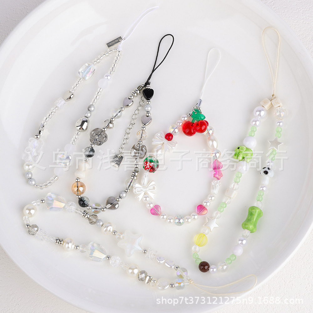 Yu Shuxin's same Instagram black and gray camellia, strawberry and cherry beaded retro mobile phone lanyard, ccd lanyard and camera lanyard